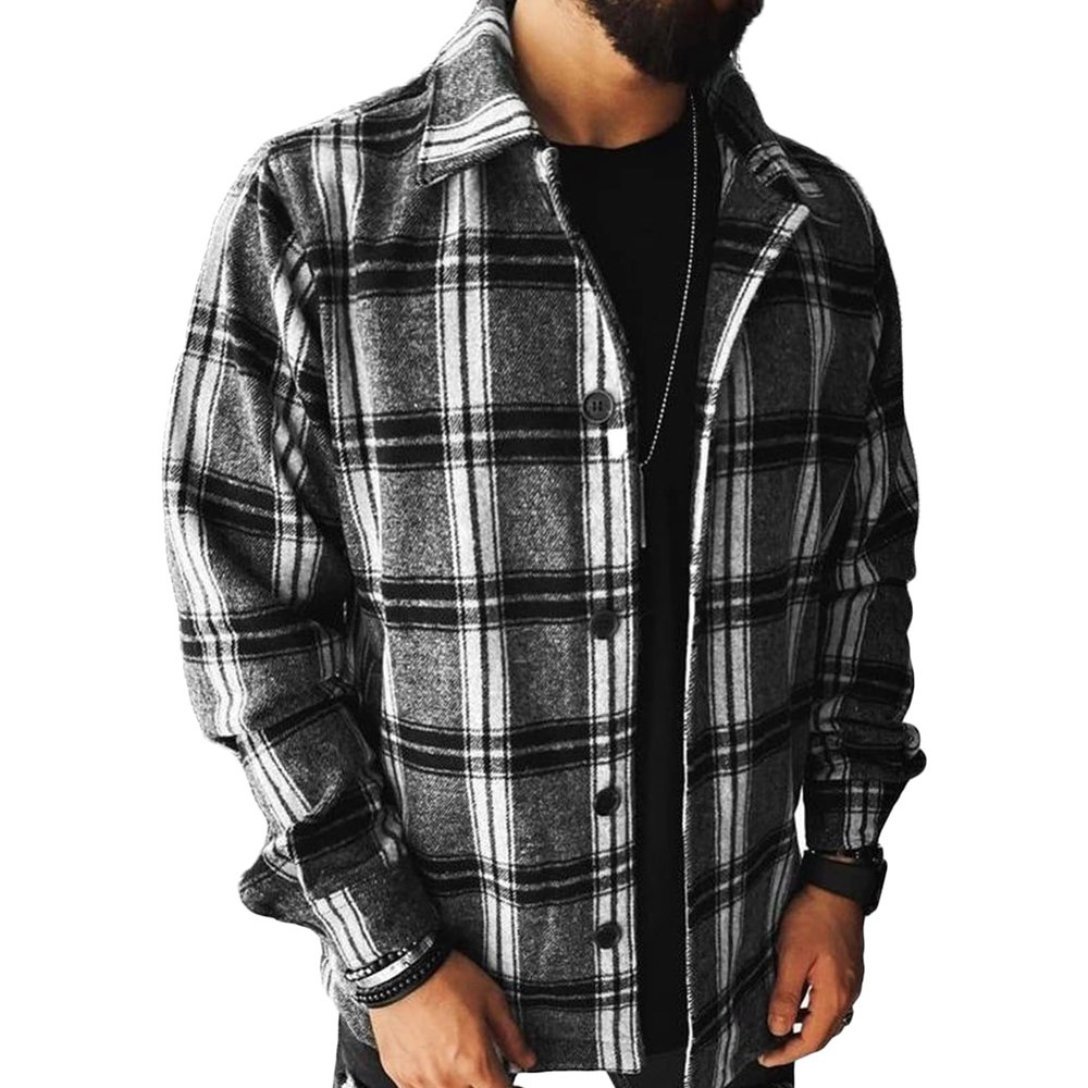 Maiyifu-GJ Men's Flannel Plaid Shirt Jackets Long Sleeve Checkered Button Down Shirts Regular Warm Outdoor Tops with Pocket (Black 3,Medium)