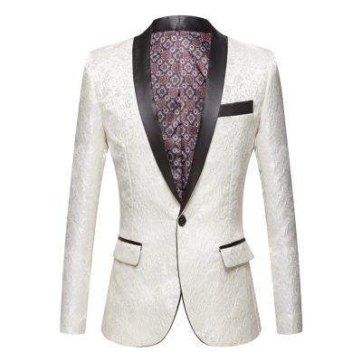 Men's Luxury Floral Tuxedo Jacket Paisley Jacquard Shawl Lapel Dress Suit Embroidered Wedding Blazer Sport Coat (White,X-Small)