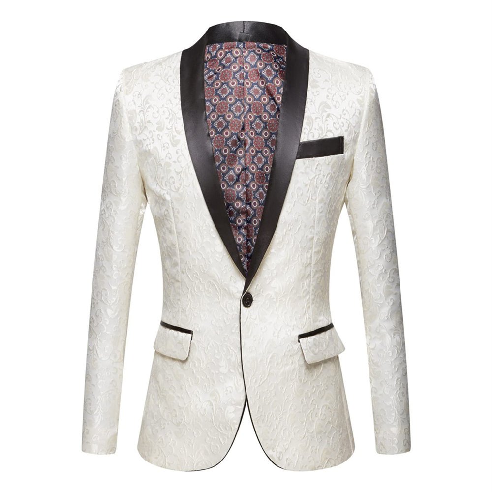 Men's Luxury Floral Tuxedo Jacket Paisley Jacquard Shawl Lapel Dress Suit Embroidered Wedding Blazer Sport Coat (White,X-Small)