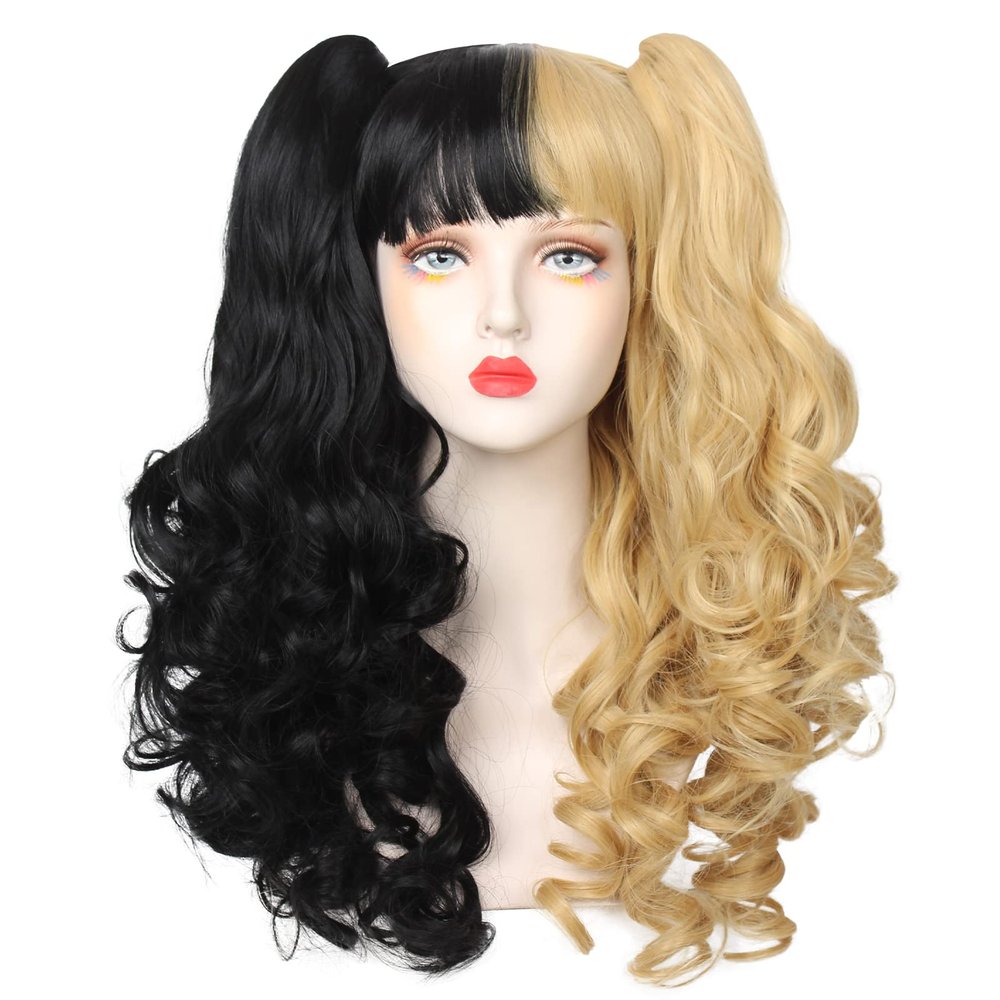 Askuang Long Curly Half Black Half Blonde Wig with 2 Detachable Ponytails Black and Blonde Pigtail Wig with Bangs Split Dye Wigs for Halloween Cosplay
