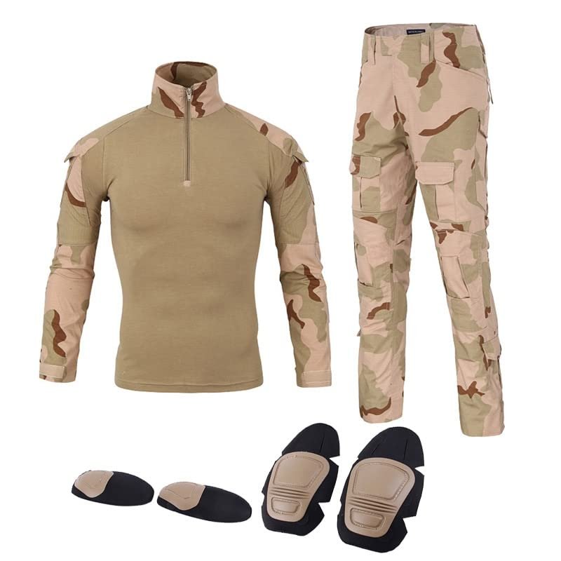 YABOO Tactical Camouflage Uniform BDU Combat Sports Clothing Airsoft Hunting Shooting Battle Dress Shirt Pants Set with Kneepad Elbow Pads