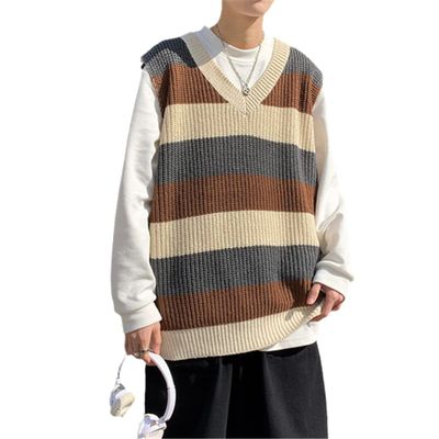 HEYDHSDC Men Striped Spring Popular Loose Japanese Style Retro Students V-Neck Sweater Vest Brown Asian Size M