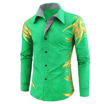 Maiyifu-GJ Mens Print Button Down Dress Shirt Shiny Golden Printed Long Sleeves Shirts Casual Floral Nightclub Shirt Costume (Green,Medium)