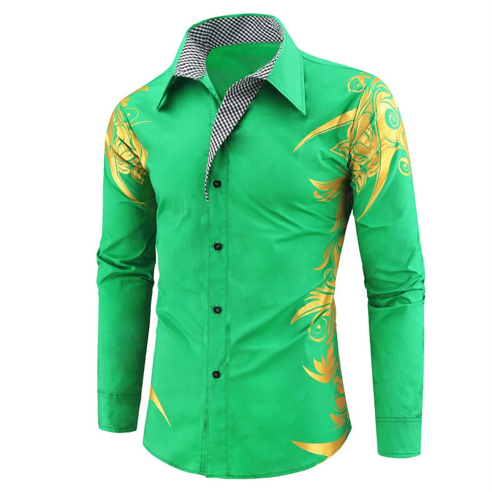 Maiyifu-GJ Mens Print Button Down Dress Shirt Shiny Golden Printed Long Sleeves Shirts Casual Floral Nightclub Shirt Costume (Green,Medium)