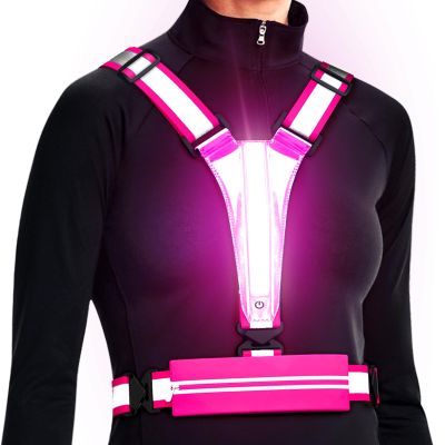 Ylzzrs LED Reflective Vest Running Gear, USB Rechargeable Light Up Running Vest Chest Phone Holder for Runners Night Walking,6-11hrs Light Adjustable Waist/Shoulder for Women Men Kids (Pink)