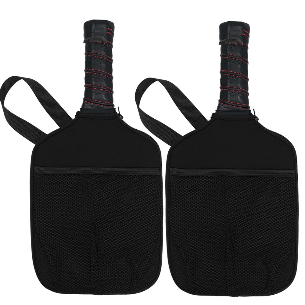 WK IEASON Neoprene Pickleball Paddle Cover 2pc Pack With Inner Pockets and Handle Strap - Racket Sleeve Ball Holder Organizer Bag (Blackx2)