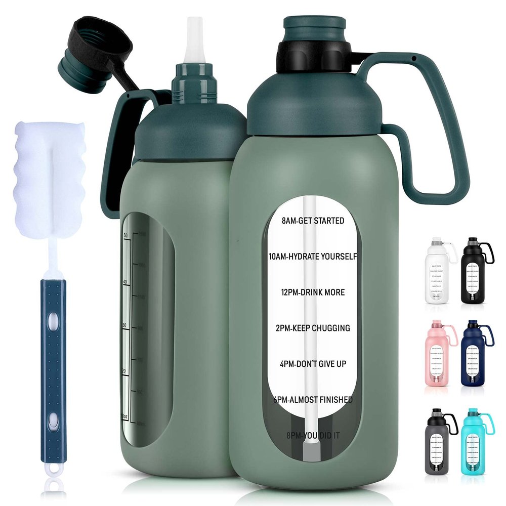 Aqulea 64 Oz Glass Water Bottle Leakproof Borosilicate Glass with Straw & Silicone Sleeve, BPA & Lead-Free Pregnancy Water Bottle Tracker, Water Jug with Time Marker for Gym & Travel (Olive)