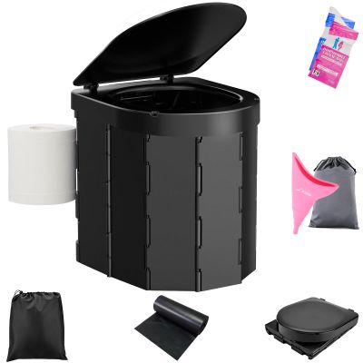 Portable Toilet for Camping, Porta Potty for Adults, Outdoor Folding Travel Toilet with Lid and Retractable Paper Holder, Includes Carry Bag, Female Urination Device and 4 Disposable Urine Bags