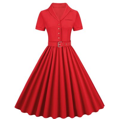 1950s Dresses for Women Vintage Retro Dresses for Women Vintage Tea Dress Flowy Swing Dress Short Sleeve V Neck Cocktail Dresses Lapel Collar Fit and Flare Dress for Women and Girls C#Red M