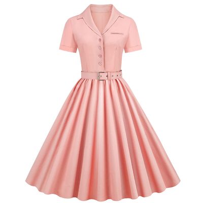 1950s Dresses for Women Vintage Short Sleeve Collect Waist Swing Midi Dress Buttons A Line Dress with Belt Cocktail Party Dress Work Church Casual Dress for Wedding Guest C#Blush XL