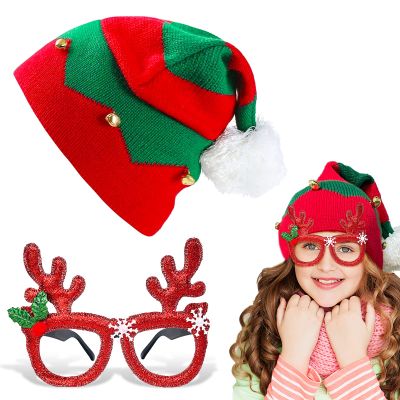 Dolkoic Christmas Elf Knitted Hat for Kids Xmas Baby Beanie Knit Hat and Christmas Glasses for Xmas Holiday Party for Children(1-6 Years) Green