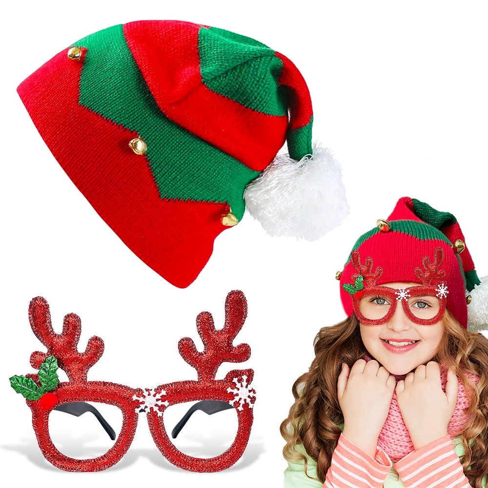 Dolkoic Christmas Elf Knitted Hat for Kids Xmas Baby Beanie Knit Hat and Christmas Glasses for Xmas Holiday Party for Children(1-6 Years) Green