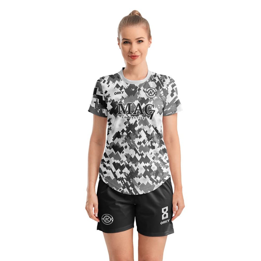 ORKY Women Customize Soccer Jersey, Quick Dry Sublimation Personalize Shirt Short Set, Custom Made Team Match Uniform Camo(Black/White 2XS)