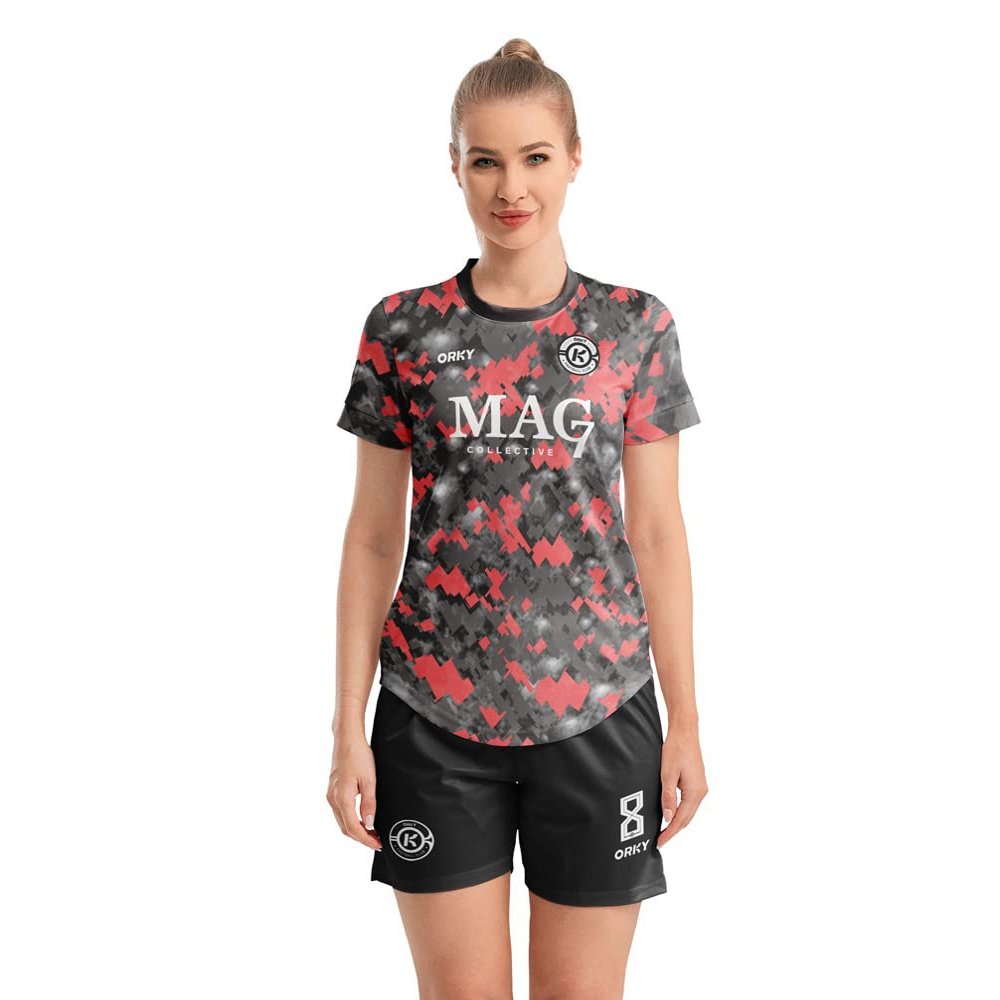 ORKY Women Customize Soccer Jersey, Quick Dry Sublimation Personalize Shirt Short Set, Custom Made Team Match Uniform Camo(Black/Red XS)