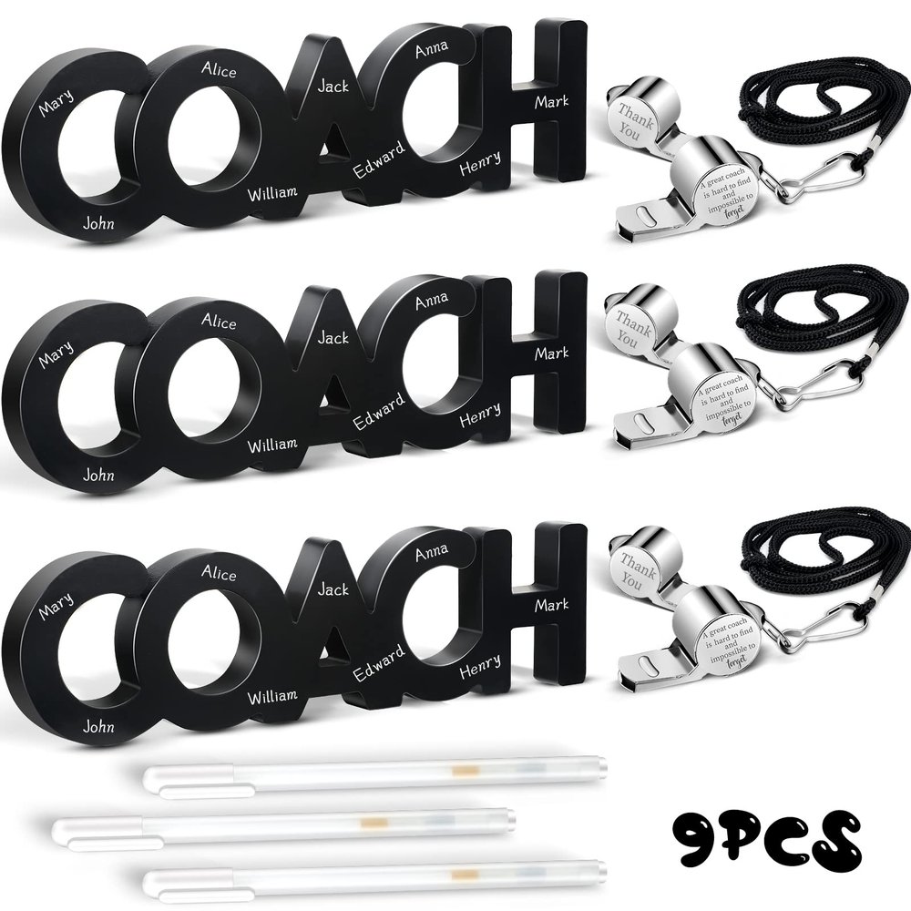 Amyhill 9 Pcs Coach Gifts Football Soccer Coaches Gifts Thank You Coach Wood Sign Whistle Stainless Steel Whistle with Rope White Marker Pen for Men Women Soccer Baseball Volleyball Sports Gift
