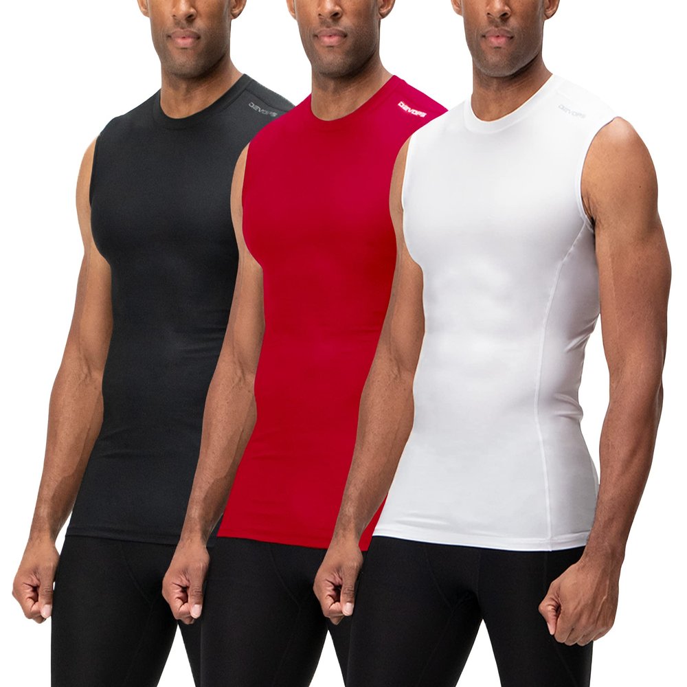 DEVOPS 3 Pack Men's Athletic Compression Mesh Sleeveless Shirts (Large, Black/Red/White)