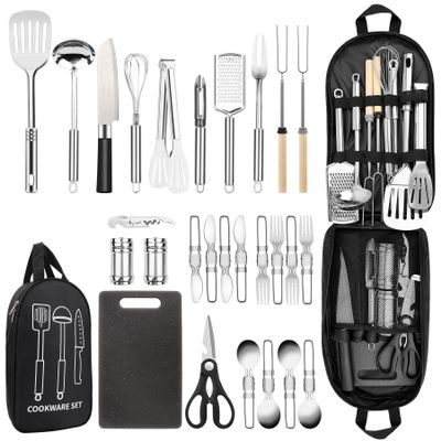 Camping Cooking Utensils Set, Stainless Steel Grill Tools, Camping BBQ Cookware Gear and Equipment for Travel Tenting RV Van Picnic Portable Kitchen Essentials Accessories (Black-28 PCS)