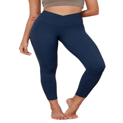 ODODOS Women's Cross Waist 7/8 Yoga Leggings with Inner Pocket, Inseam 25" Gathered Crossover Workout Yoga Pants, Navy, X-Large