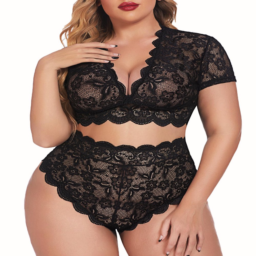Avidlove Plus Size Lingerie Plus Scallop Trim Lingerie Set Deep V Allover Lace Bra Panties Set