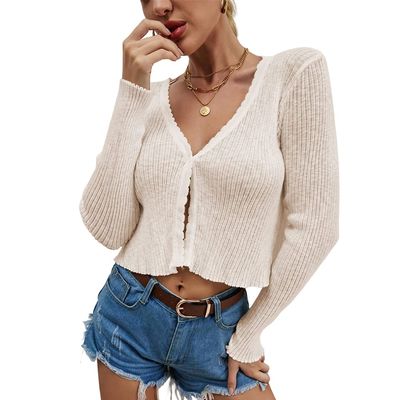 HOULENGS Women's Long Sleeve V Neck Cropped Cardigan Sweater Button Down Open Front Knitted Sweater Tops Apricot Medium