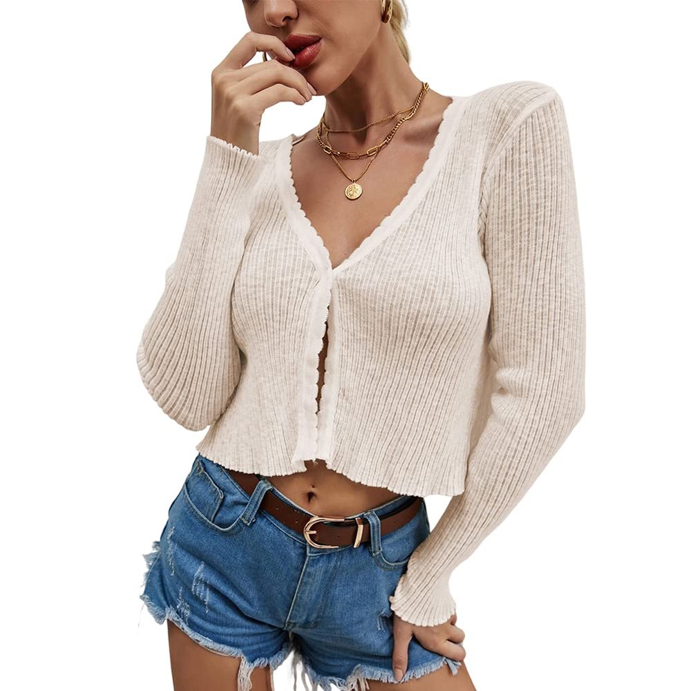 HOULENGS Women's Long Sleeve V Neck Cropped Cardigan Sweater Button Down Open Front Knitted Sweater Tops Apricot Medium