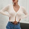 HOULENGS Women's Long Sleeve V Neck Cropped Cardigan Sweater Button Down Open Front Knitted Sweater Tops Apricot Medium view 2