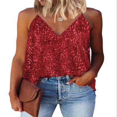 miduo Womens Tank Tops Summer Casual Dressy Sequin V Neck Tanks Tops Fashion 2025 Cami Shirts Sleeveless Sequin Tops Blouses Christmas Red S