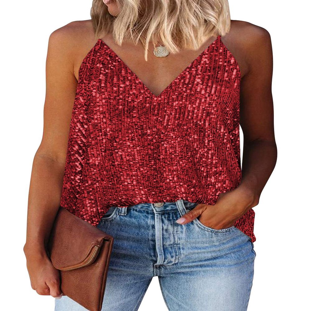miduo Womens Tank Tops Summer Casual Dressy Sequin V Neck Tanks Tops Fashion 2025 Cami Shirts Sleeveless Sequin Tops Blouses Christmas Red S