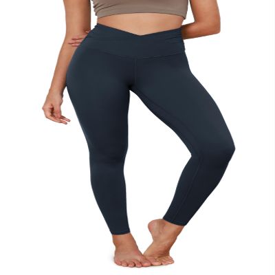 ODODOS Women's Cross Waist Full Length Yoga Leggings with Inner Pocket, Inseam 28" Gathered Crossover Workout Yoga Pants, Deep Navy, Small