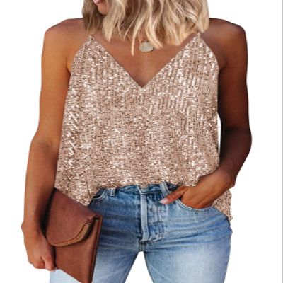 miduo Women's Tank Tops Summer Spring Fashion Sequin V Neck Racerback Tanks Tops Cami Shirts Sleeveless Tops Blouses Going Out Gold M