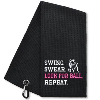 Hafhue Swing Swear Look Ball Repeat Funny Golf Towel - Accessory for Men & Women, Birthday or Retirement Gift (GRM015)