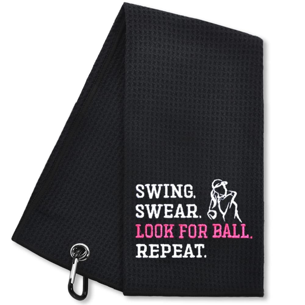 Hafhue Swing Swear Look Ball Repeat Funny Golf Towel - Accessory for Men & Women, Birthday or Retirement Gift (GRM015)