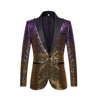 Maiyifu-GJ Men Shiny Sequins Suit Jacket Blazer One Button Luxury Party Tuxedo Weddings Dinner Prom Shiny Banquet Sport Coat (Purple,X-Large)