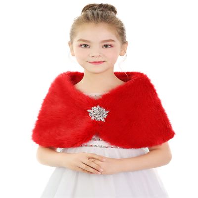 BXT Flower Girl Shawl Wrap, Kids Soft Red Faux Fur Princess Shoulder Cape for Wedding