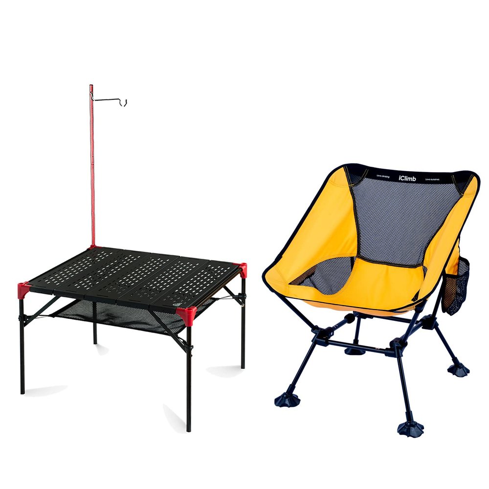 iClimb 1 Anti-Sinking Large Feet Chair and 1 Extendable Table with Hanger Bundle, Ultralight Compact for Single Person Outdoor Backpacking Camping Hiking Beach Concert