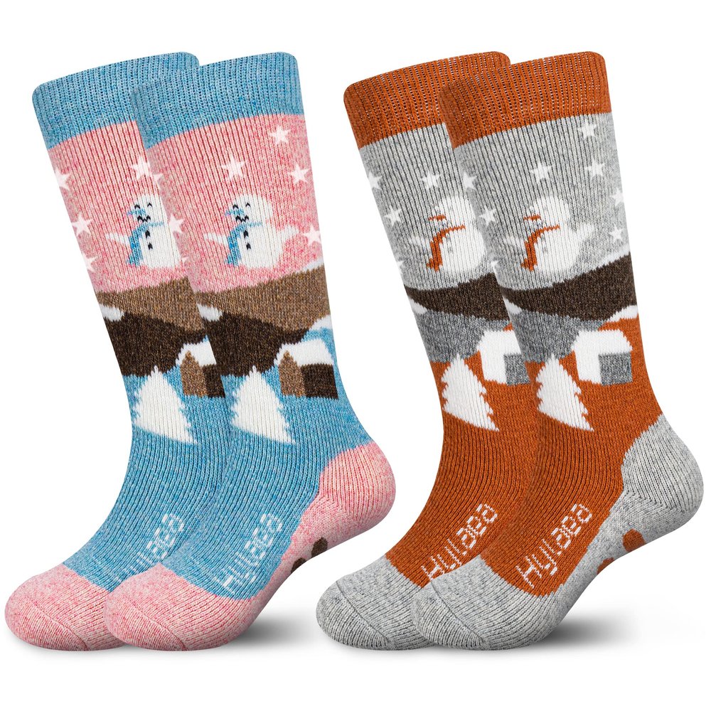 Hylaea Merino Wool Ski Socks Kids, Knee-high Warm Thermal Snowboard Skating Socks for Toddler Boys and Girls Pink Grey Small