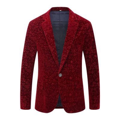 Maiyifu-GJ Men One Button Floral Velvet Blazer Luxury Printed Slim Fit Stylish Dress Suit Paisley Wedding Prom Dinner Jacket (Red,Small)