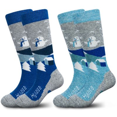Hylaea Merino Wool Ski Socks Kids, Knee-high Warm Thermal Snowboard Skating Socks for Toddler Boys and Girls Grey Blue X-Small
