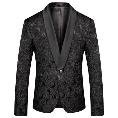 Men's Floral Jacquard Dress Suit Jacket 1 Button Paisley Embroidered Tuxedo Shawl Lapel Blazer for Dinner,Wedding (Black,XX-Large)