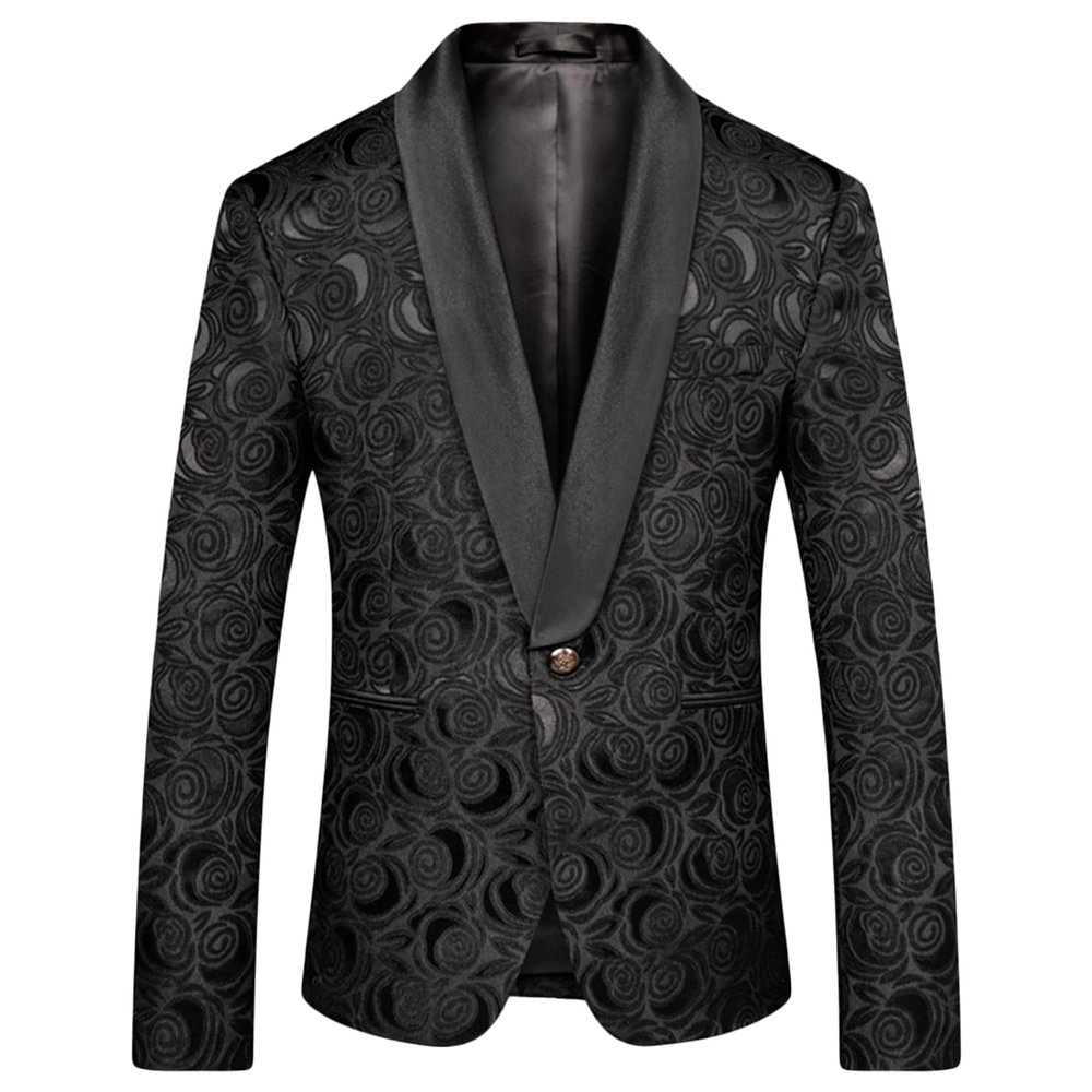 Men's Floral Jacquard Dress Suit Jacket 1 Button Paisley Embroidered Tuxedo Shawl Lapel Blazer for Dinner,Wedding (Black,XX-Large)