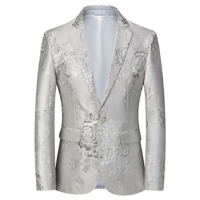 Maiyifu-GJ Mens Notched Lapel Dress Floral Suit Luxury Printed Slim Fit Stylish Blazer Casual Single Breasted Wedding Jacket (White,3X-Large)