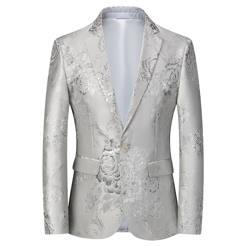 Maiyifu-GJ Mens Notched Lapel Dress Floral Suit Luxury Printed Slim Fit Stylish Blazer Casual Single Breasted Wedding Jacket (White,3X-Large)