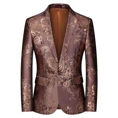 Maiyifu-GJ Mens Notched Lapel Dress Floral Suit Luxury Printed Slim Fit Stylish Blazer Casual Single Breasted Wedding Jacket (Brown,6X-Large)