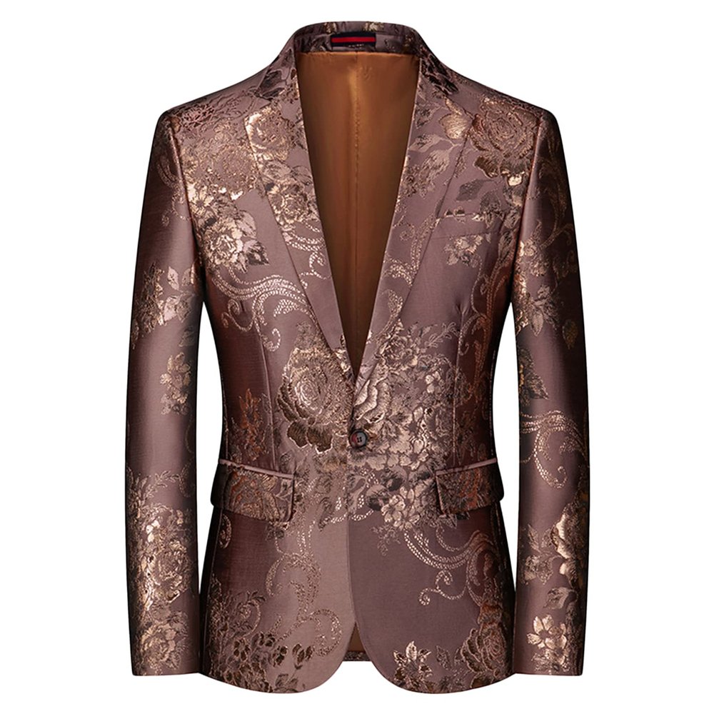 Maiyifu-GJ Mens Notched Lapel Dress Floral Suit Luxury Printed Slim Fit Stylish Blazer Casual Single Breasted Wedding Jacket (Brown,6X-Large)