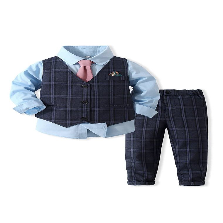 Abolai Baby Boys' 4 Piece Gentleman Set with Shirt,Tie,Vest and Pant Blue 120