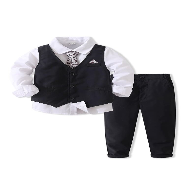 Abolai Baby Boys' 4 Piece Gentleman Set with Shirt,Tie,Vest and Pant Black 90