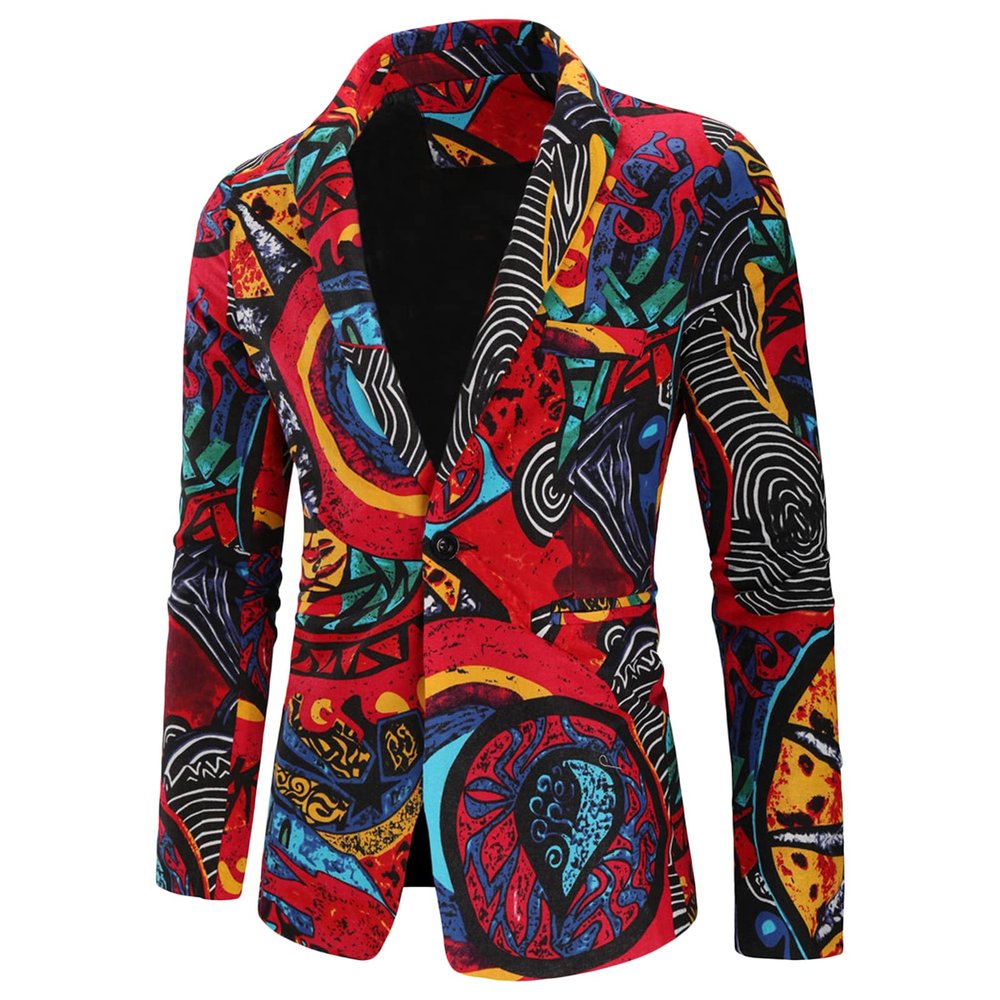 Maiyifu-GJ Men Floral Printed Suit Blazer Casual 1 Button Party Dress Jacket Stylish Notched Lapel Slim Fit Party Sport Coat (Red,Medium)