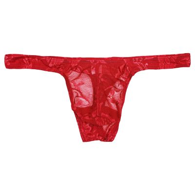 JEsilunmaMY Low Rise T-Back for Men See Through Lace Sheer Sissy G-String Panties Stretch Breathable Thongs Bikini Briefs (Red,X-Large)