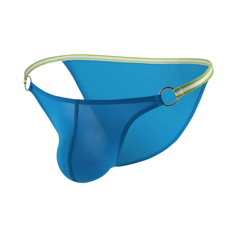 JEsilunmaMY Sexy Hollow Bikini Briefs for Men Ice Silk Low Rise Bulge Pouch Underwear Solid Color Breathable G-String Thongs (Blue,Medium)