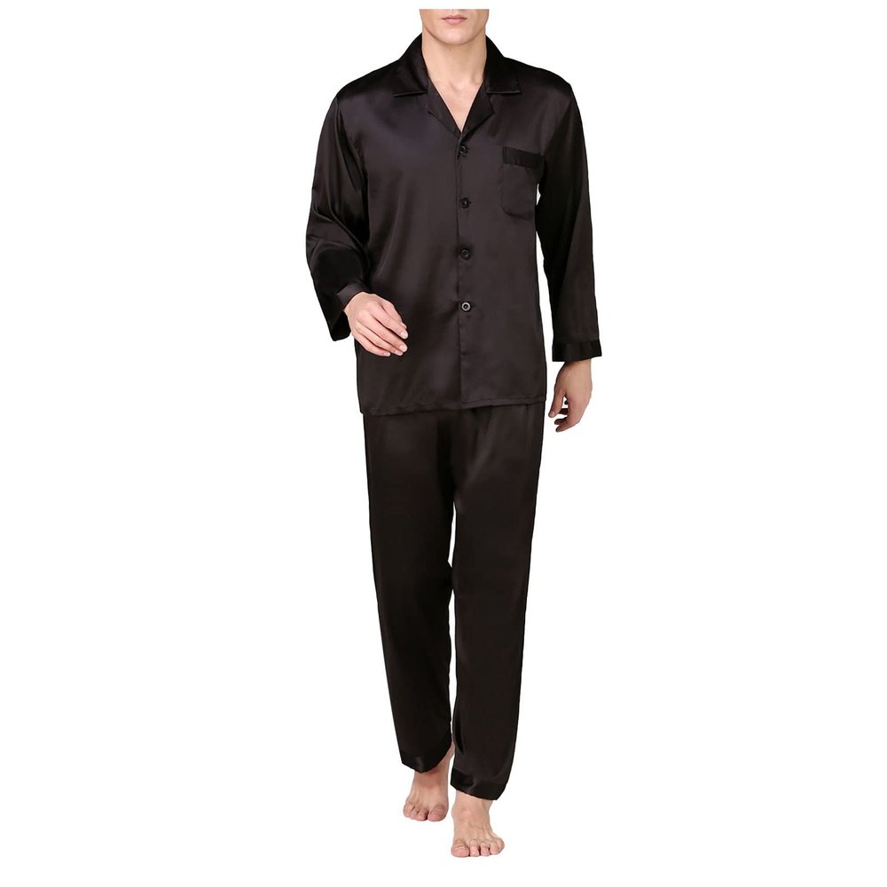 Cambkatl Mens Silk Satin Pajamas Set Classic Long Sleeve Button-Down Shirts Long Pants Sleepwear Two Piece Loungewear